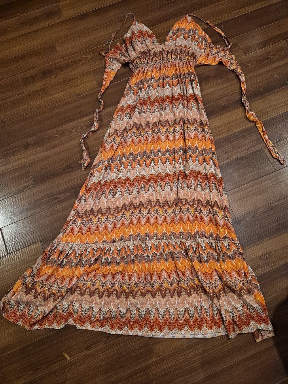 Chevron Smocked Maxi Dress in Orange Mix